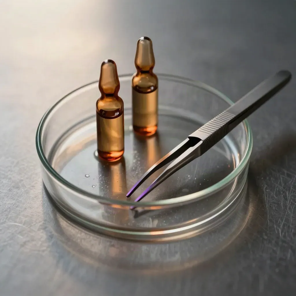 Quartz dish, amber vials, and steel tweezers on brushed metal with violet light