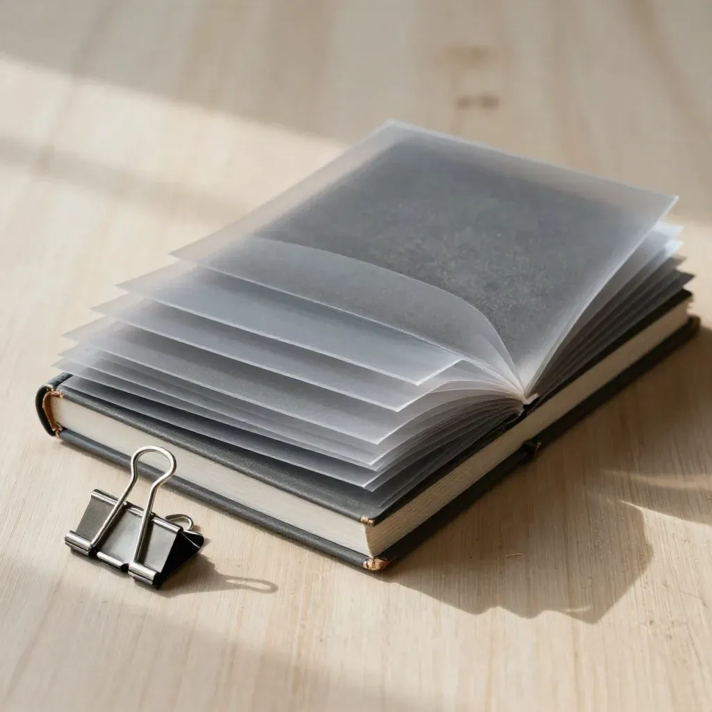 Archival sleeves, notebook spine, and steel binder clip on pale wood