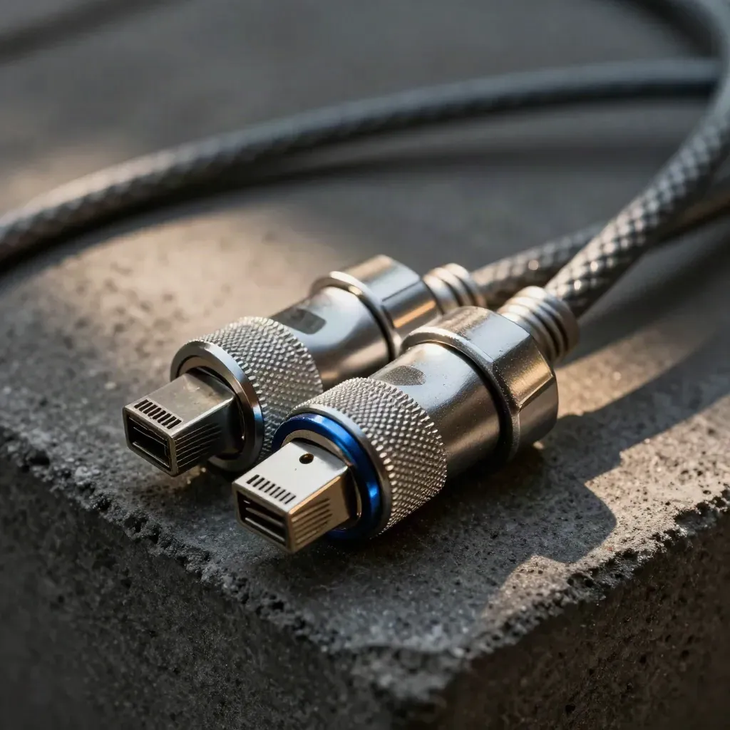 Machined cable couplers, braided ethernet lead, and a matte block on dark concrete in dramatic close-up.