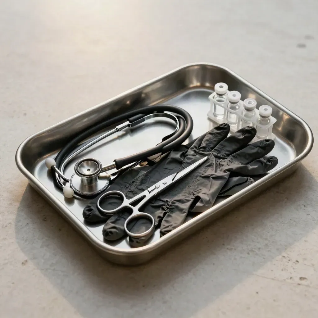 Stainless surgical tray with stethoscope, gloves, scissors, and vial rack on pale stone.