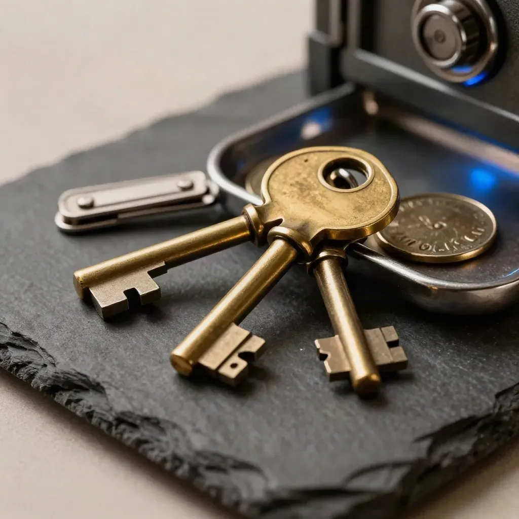 Brass safe key, ledger clip, and steel token tray on dark slate.