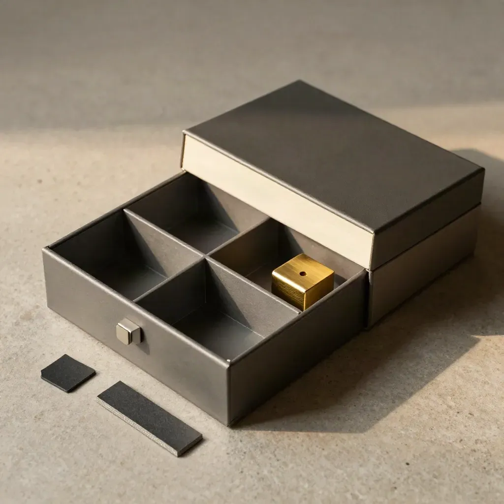 Open modular card box with blank divider tabs and brass paperweight on matte stone, top-down