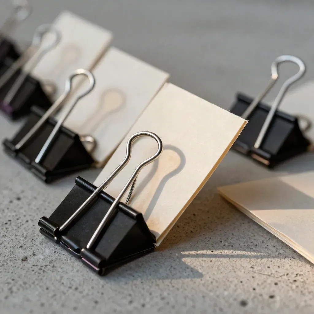Macro of linked binder clips and scored paper tabs on pale concrete with a faint violet accent.