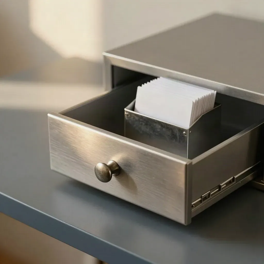 Macro of an archive drawer, card holder, and divider cards on brushed metal.