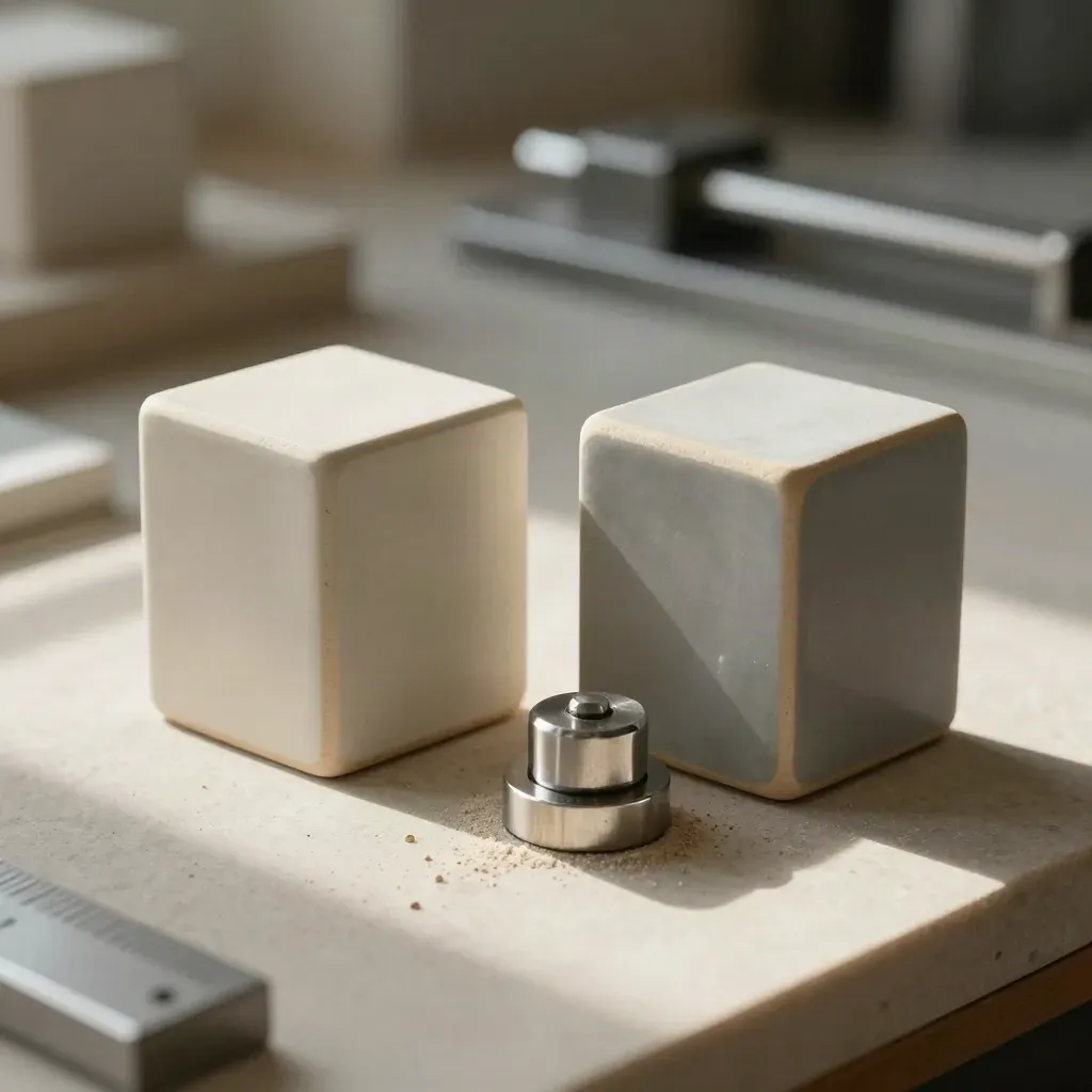 Ceramic calibration blocks, steel test weight and clamp foot on pale stone in soft workshop light.