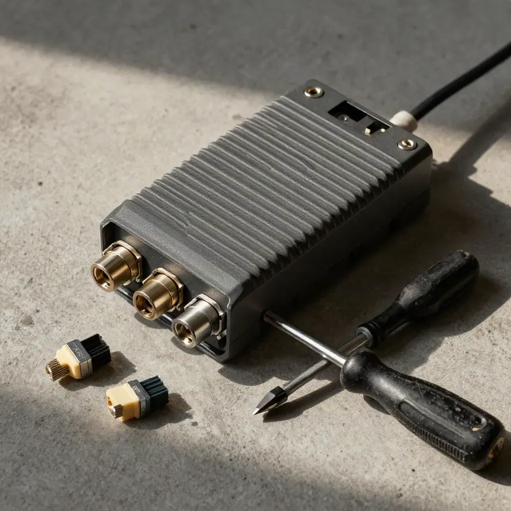 Relay switch block, plug ends, and screwdriver on concrete under dramatic studio light.