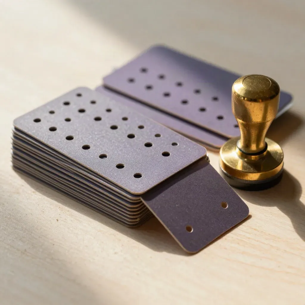 Overhead macro of punched template cards, binder clip, and brass stamp body on pale wood