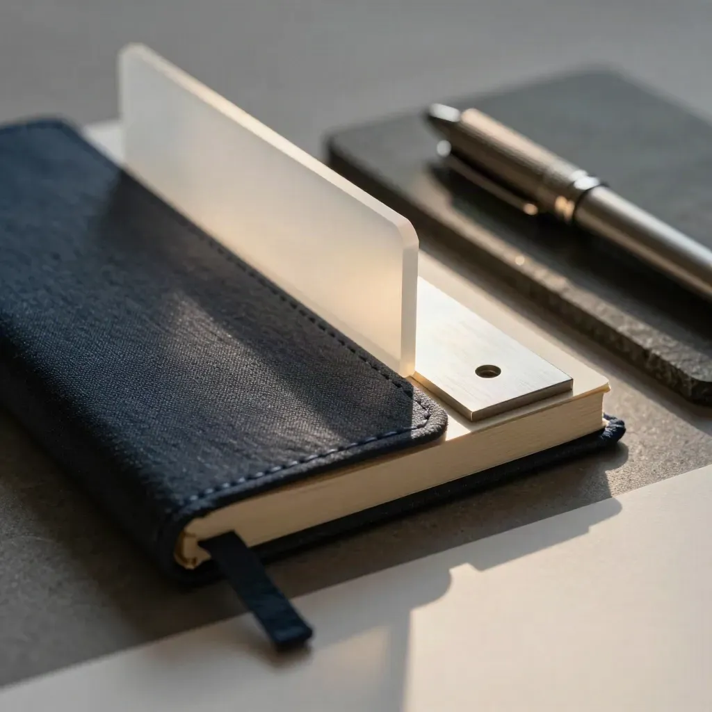 Closed notebook, frosted divider, metal swatch bar and pen on basalt, seen through frosted glass.