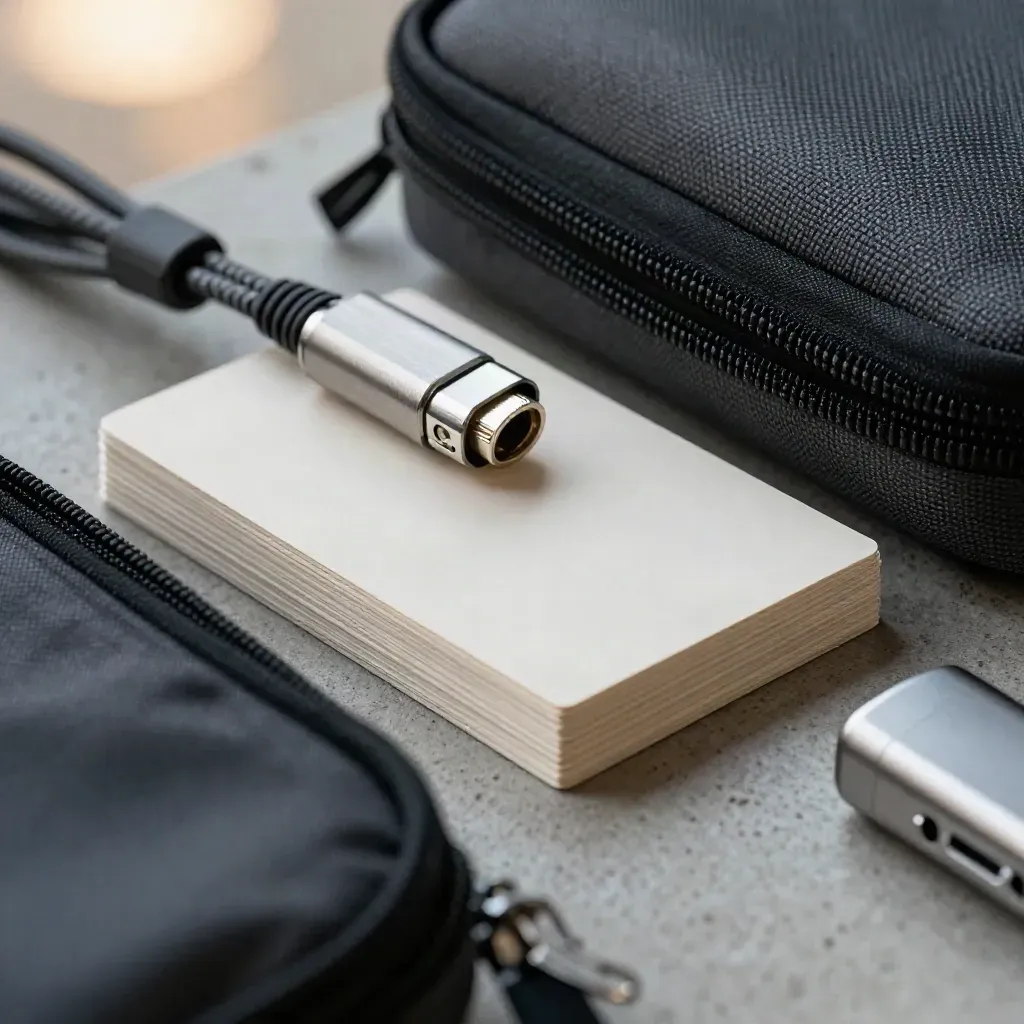 Macro still life of startup tools on pale concrete, shot through a dark foreground blur.