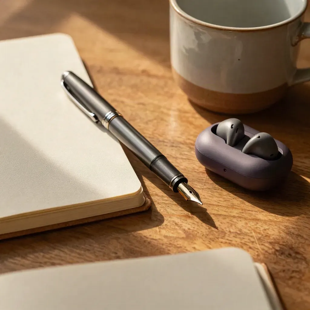 Top-down still life of pen, notebook, earbud case and cup ring on warm wood.