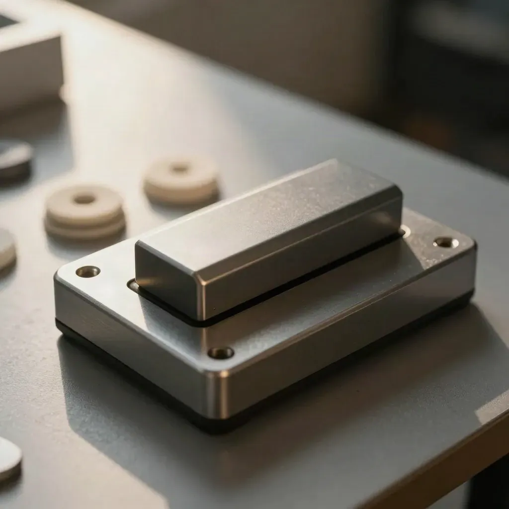 Sealed sample cartridge with ceramic shims and a test jig on matte graphite, in dark bokeh