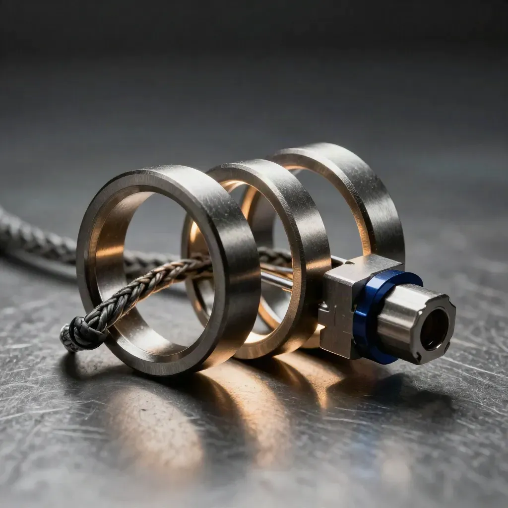 Machined rings, braided cable, and connector block on brushed metal in dramatic studio light
