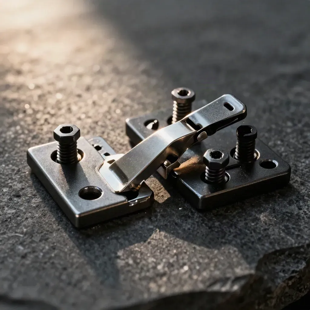 Macro of hinge brackets, hex screws, and a steel link plate on dark stone