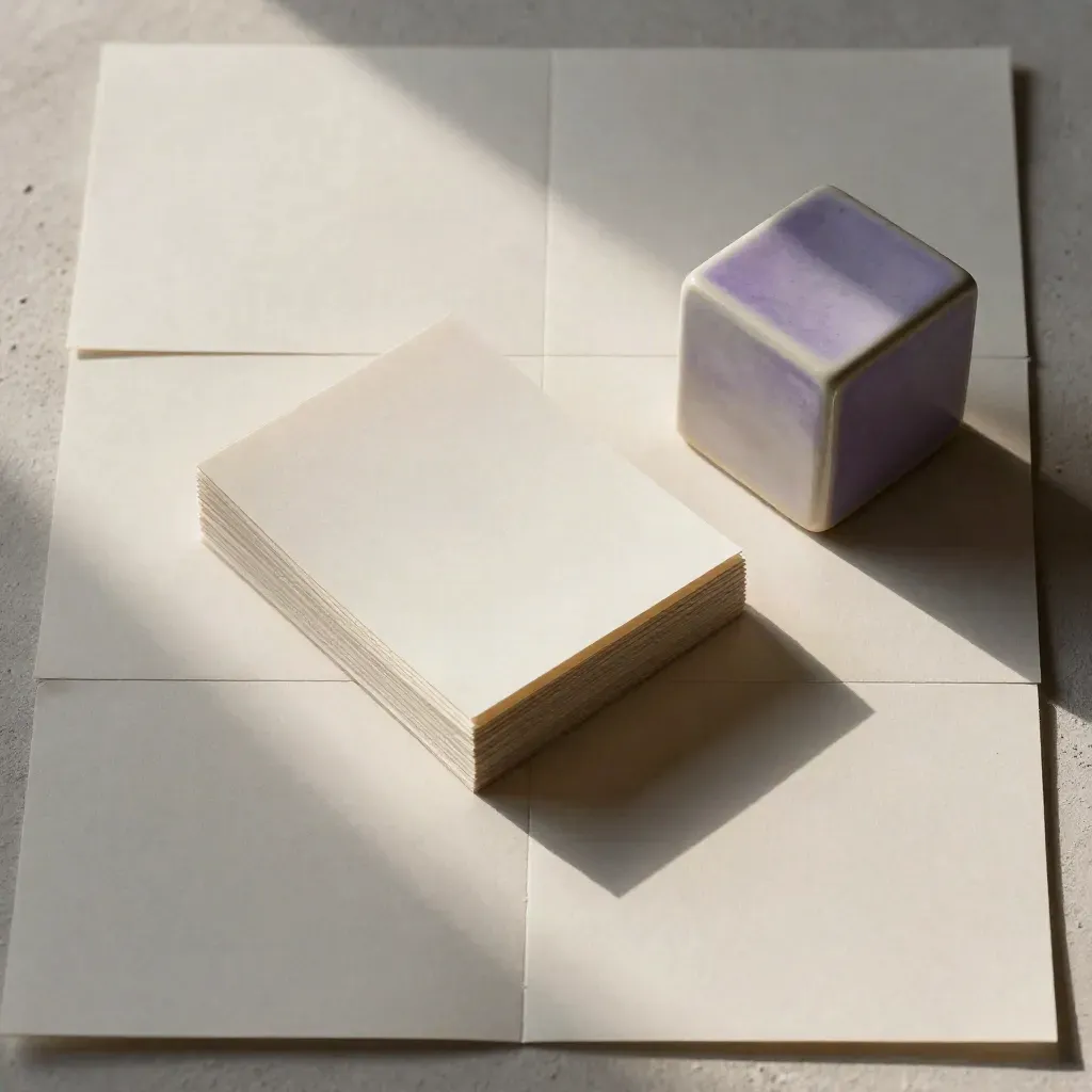 Overhead paper blocks, folded card stack and ceramic cube on plaster with violet accents
