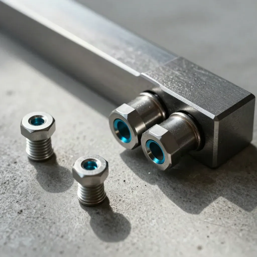 Overhead macro of connectors, rail, and fasteners on brushed concrete with a cyan accent.