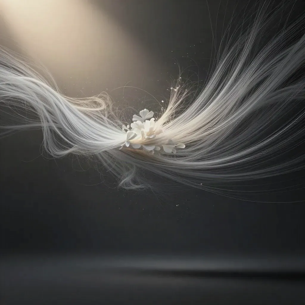 Silver filaments converge into a soft bloom in dark graphite space.